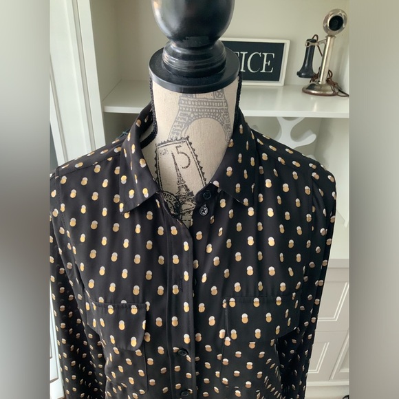 WHO WHAT WEAR Gold White Dot Button Up Long Sleeve Blouse Black Womens SZ Small - Picture 11 of 13